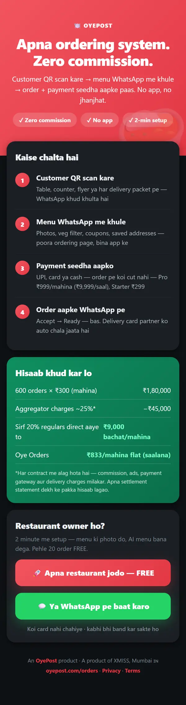 Oye Orders page on a phone: zero-commission ordering on WhatsApp, how it works, and the savings calculator