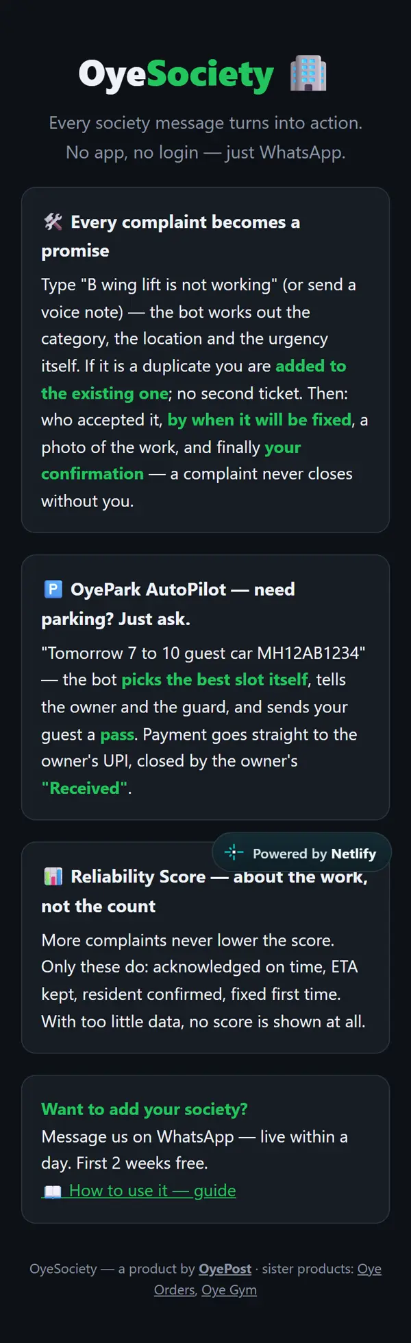 OyeSociety page on a phone: every complaint becomes a promise, parking autopilot and a reliability score
