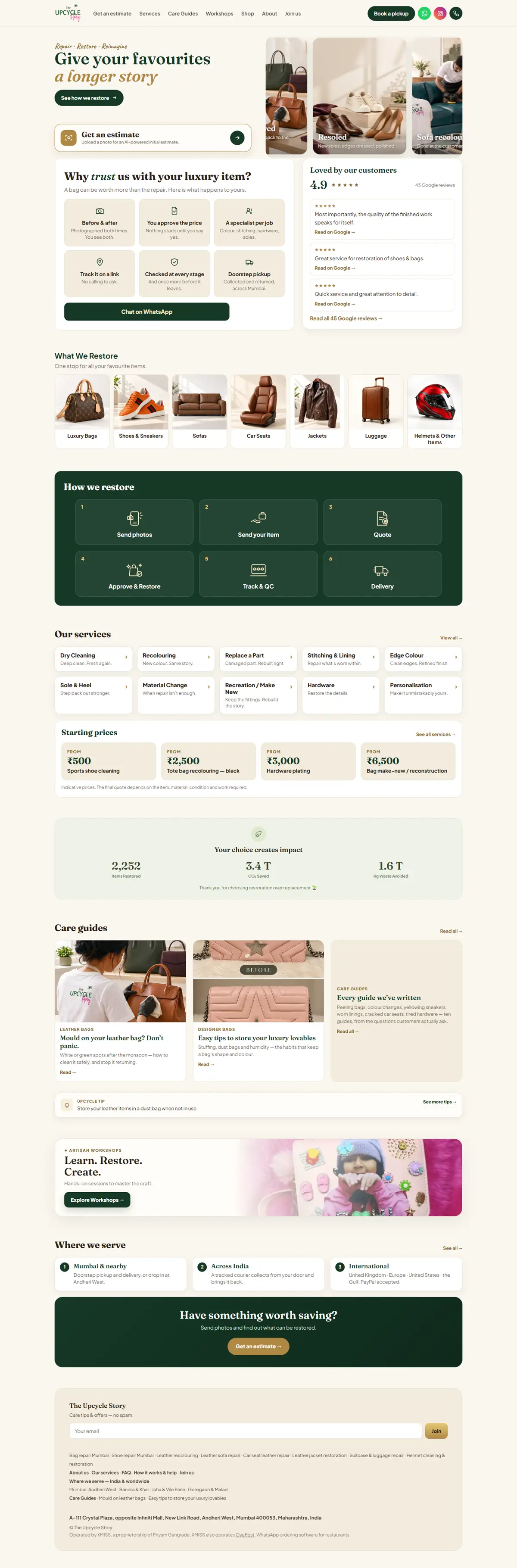 The full Upcycle Story homepage: hero, why trust us, what we restore, how we restore, services, starting prices and care guides