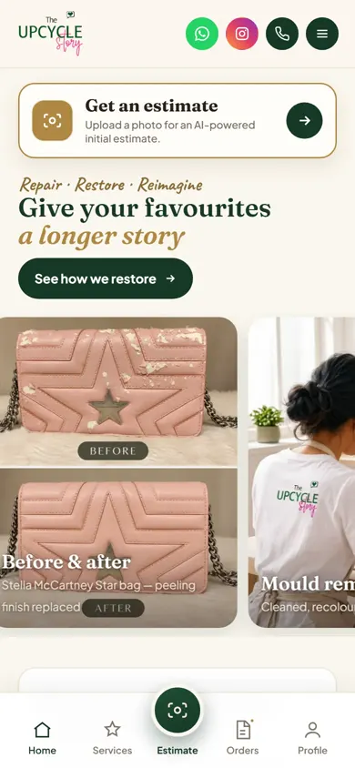 The Upcycle Story on mobile, with an app-style bottom bar and a get-an-estimate button